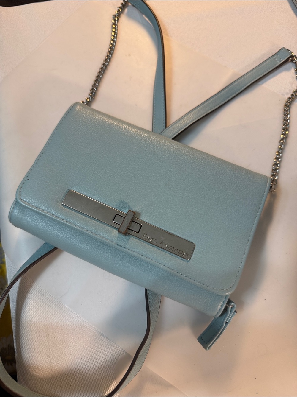 Enzo Angiolini Light Blue Pebbled Crossbody wallet Silver Accent xlong strap Guc